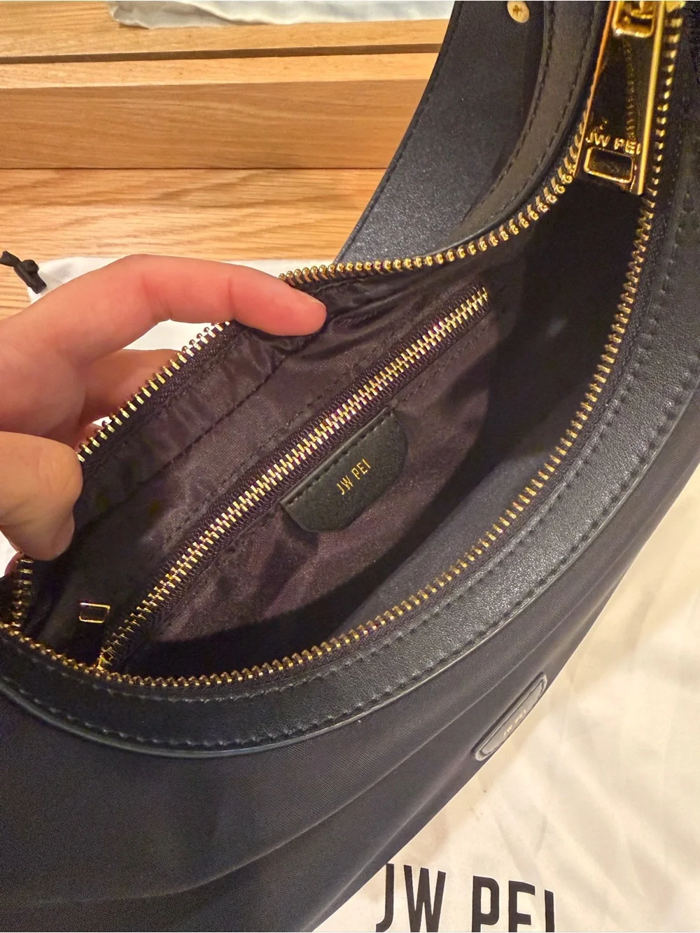 JW PEI Black Crescent Shoulder Bag with Gold Hardware